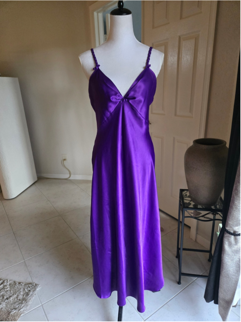 VTG 90s Liquid Royal Purple Satin Maxi Slip Dress Nightgown Braid Straps.